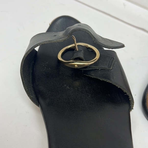 Yves Saint Laurent Sz 37 Black Leather Wood Low Heel Slide Sandals - Picture 7 of 9